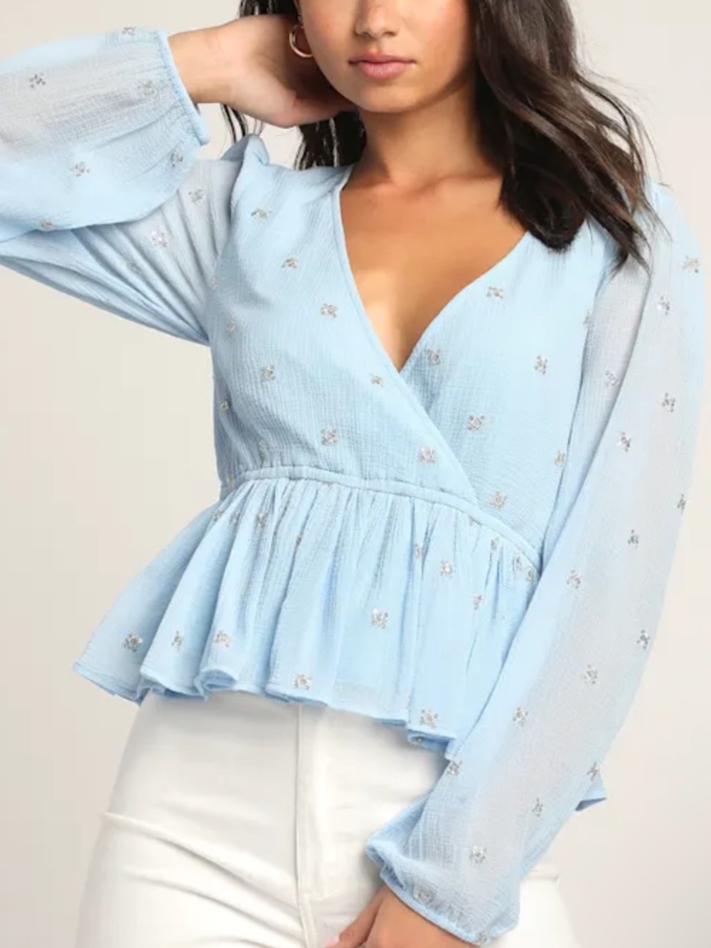 Lulu's Light Blue Embroidered Wrap Peplum Blouse